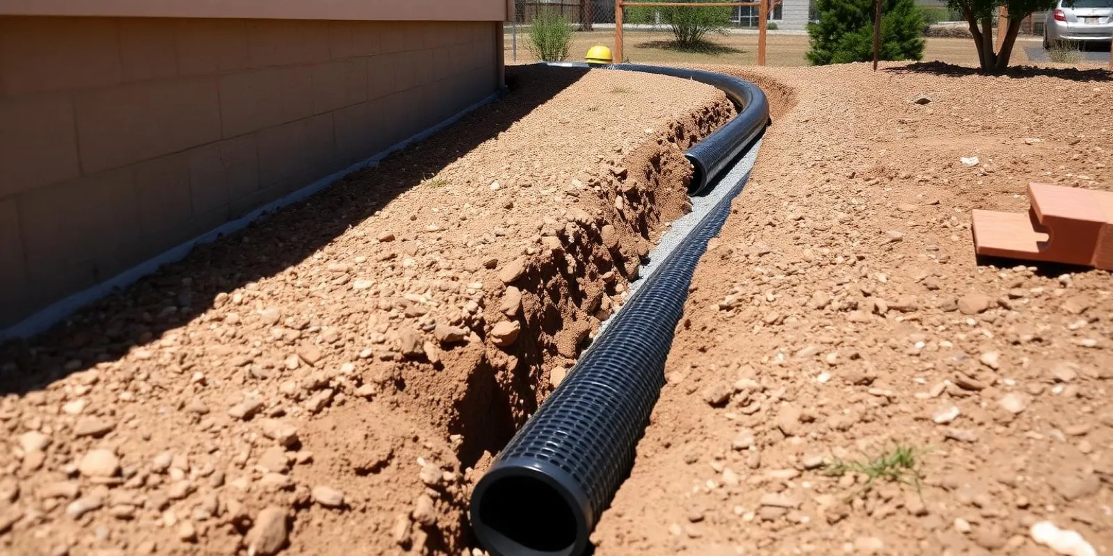 Corrugated drain pipe laid in a trench along a house foundation