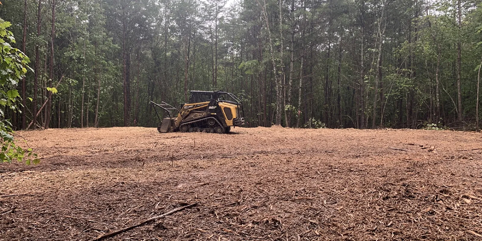 Cleared ground covered in fresh mulch after forestry mulching, machine in the background