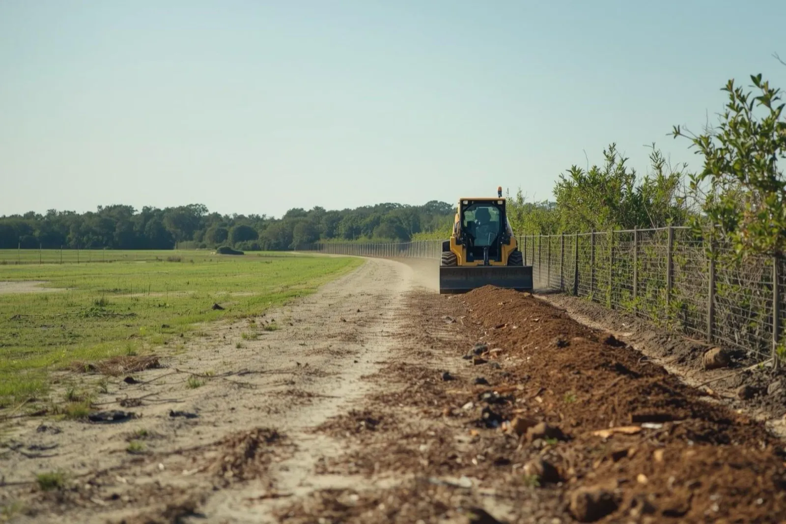 Skid steer clearing growth along a fence line